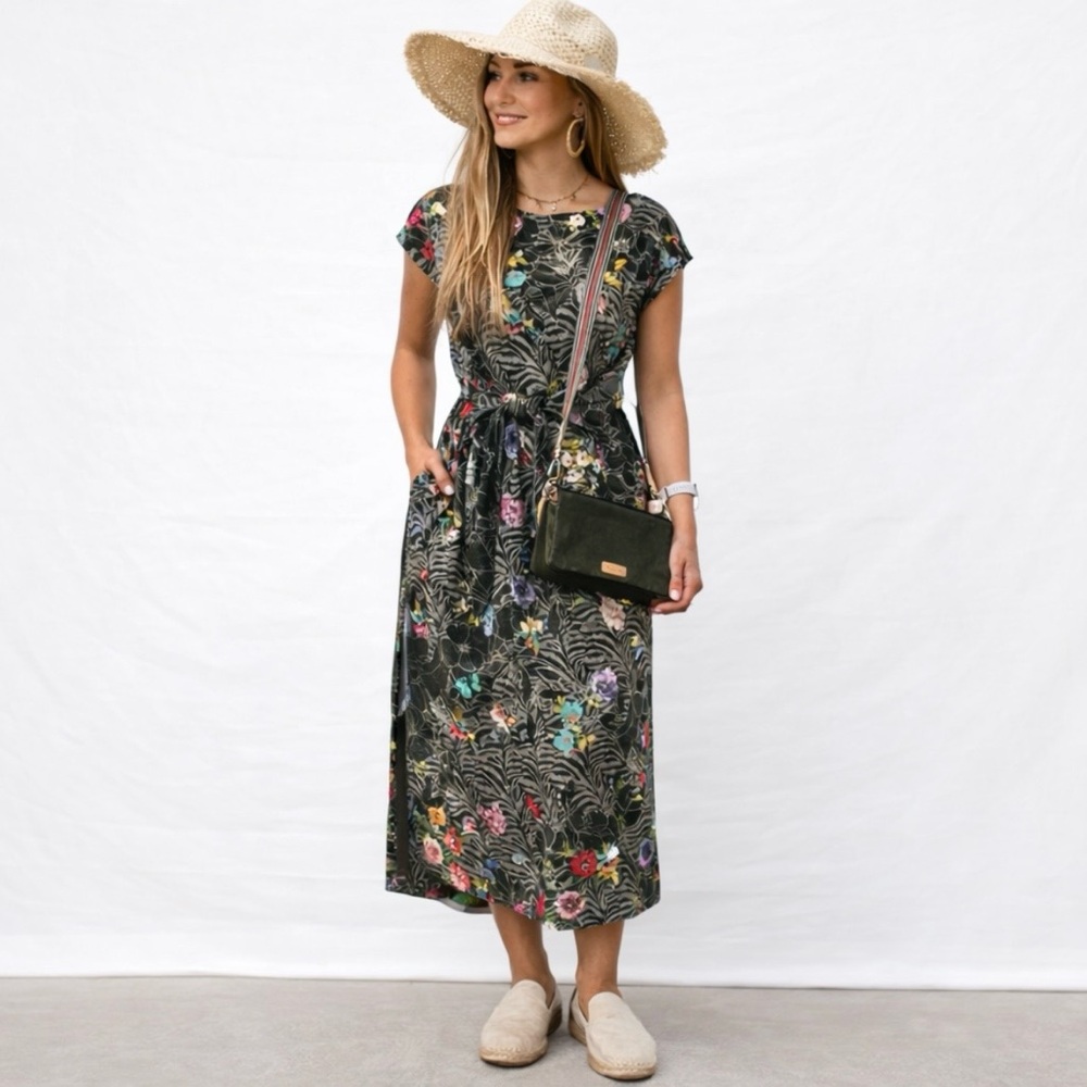 Johnny Was Dress Zippy Tie Front Knit Midi Jersey Floral Tropical Comfy Travel